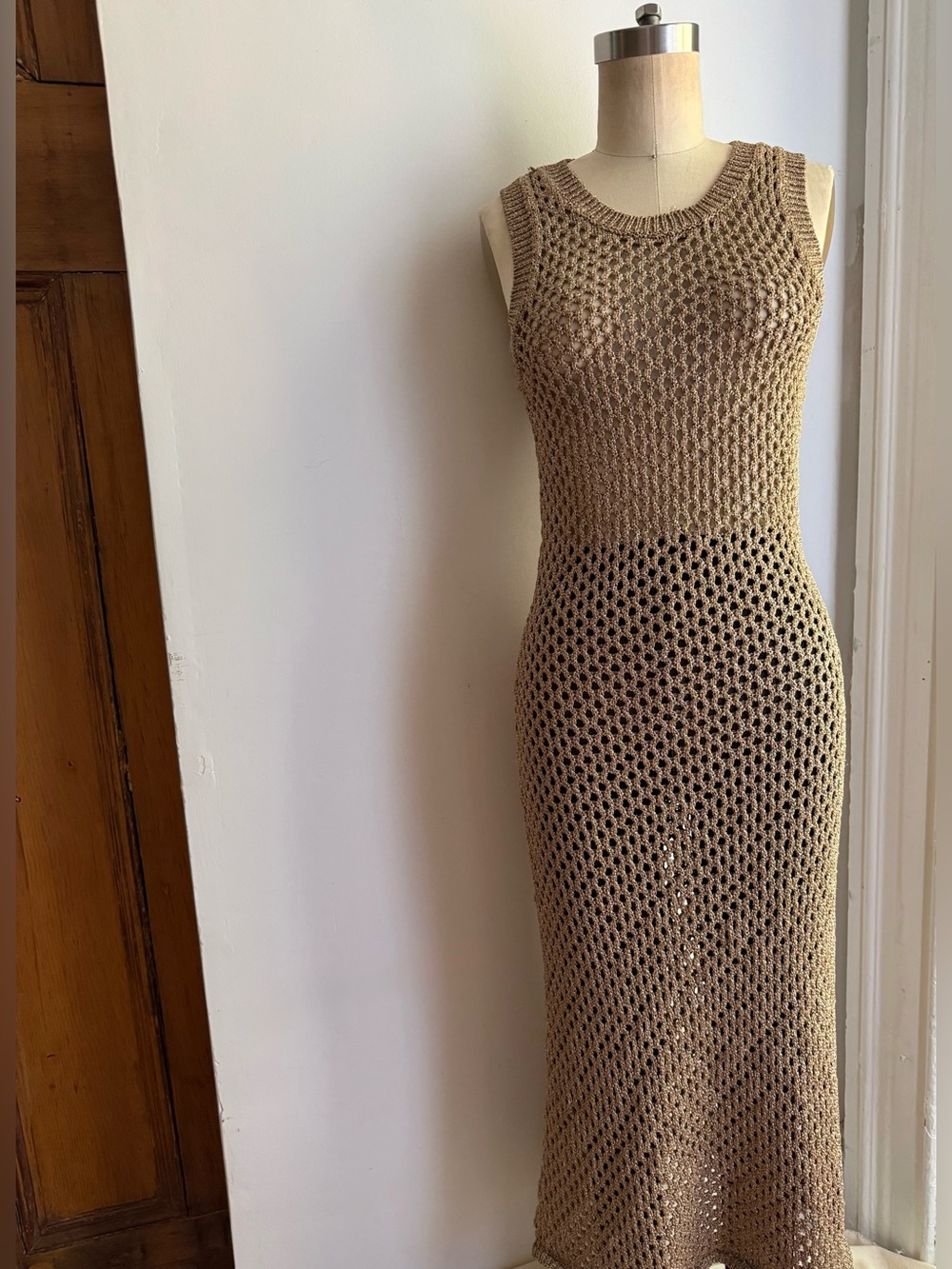 House of Harlow 1960 Gold Metallic Crochet Knit Maxi Dress S